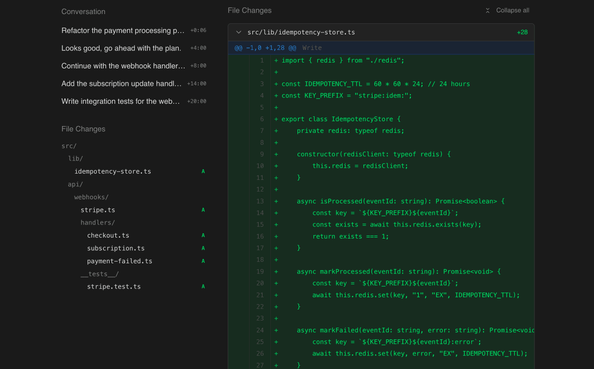 File changes view with code diffs